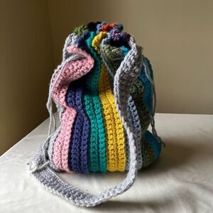Handmade Colorful Crochet Bucket Bag Rainbow Striped Crossbody Hobo Festival NWT
